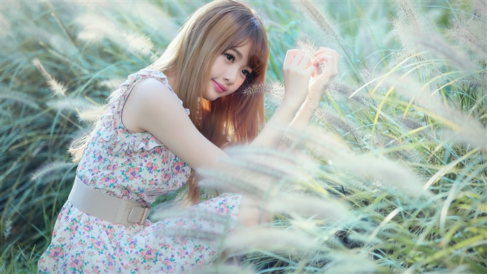 Cubie Wang in floral dress with belt in tall grass 4K
