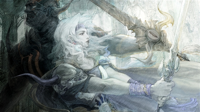 Dark Knight and White-Haired Woman with Swords