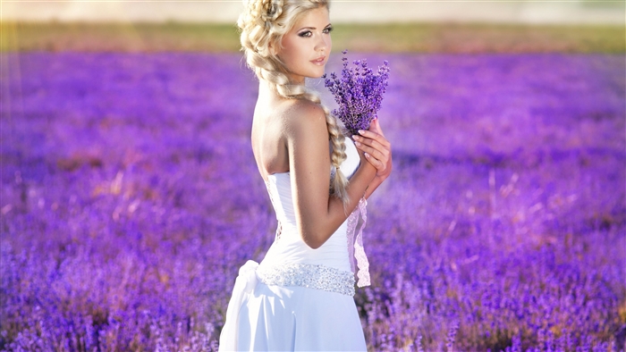 Bride in White Dress Holding Lavender Bouquet 4K