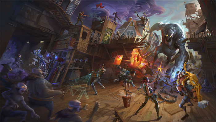Fortnite characters fighting monsters in a destroyed village 4K