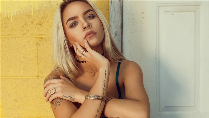 Blonde Woman with Tattoos and Nose Ring 4K