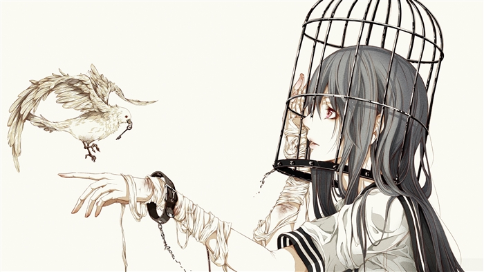 Girl in cage with bird holding key