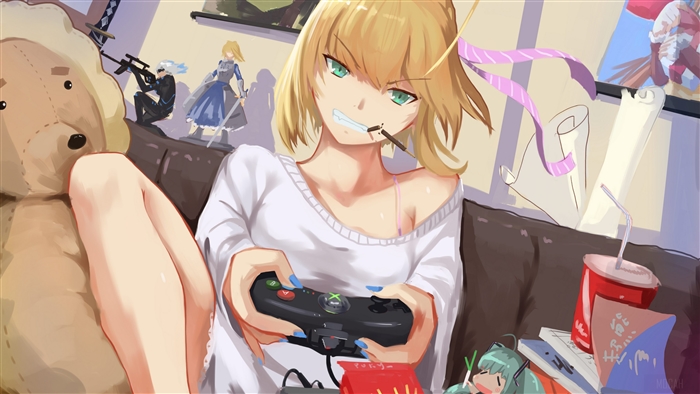 Saber Lily from Fate/Stay Night playing video games