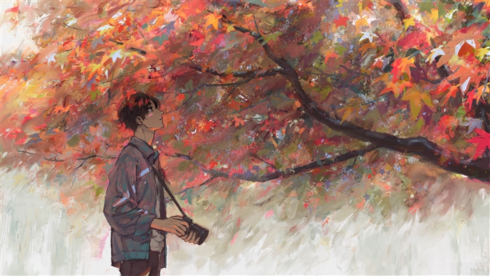 Man with camera under autumn leaves 4K