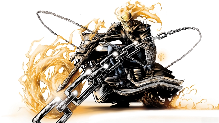 Ghost Rider on a motorcycle with chains and fire