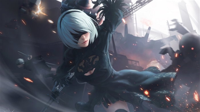 2B from NieR: Automata fighting robots in a ruined city 4K