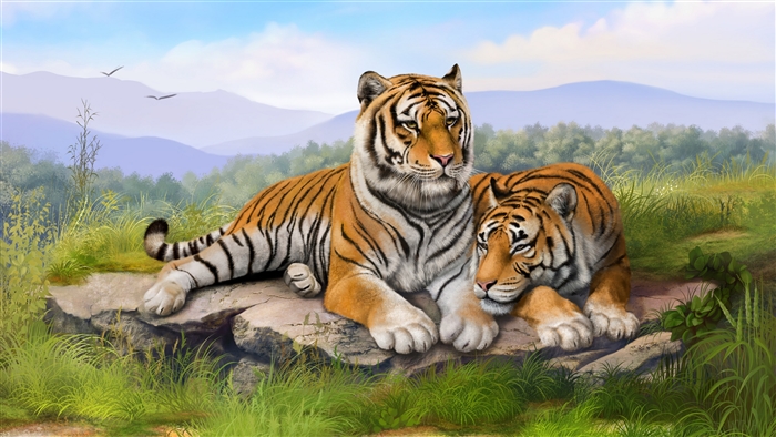 Two Tigers Resting on a Rock