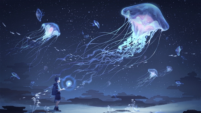Boy with Jellyfish in Starry Night Sky 4K