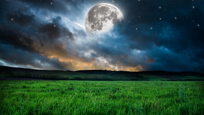 Full moon over a grassy field at night