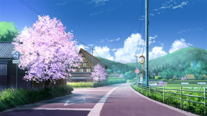 Roadside Cherry Blossoms and Traditional Japanese Houses