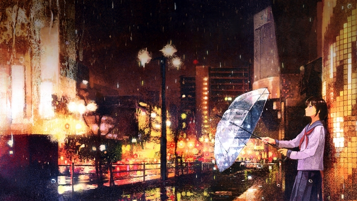 Girl with Umbrella in Rainy City 4K