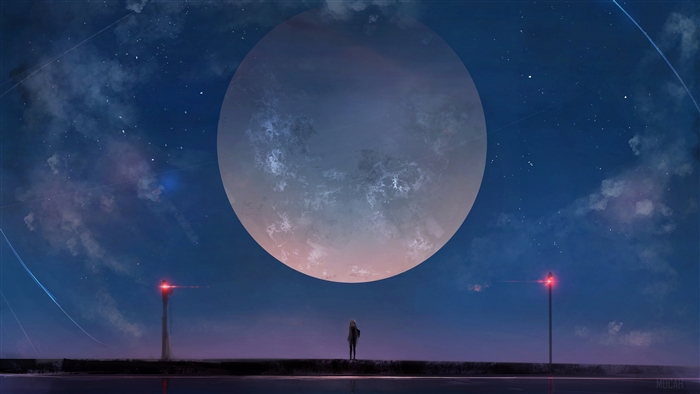 Girl under a large moon at night 4K
