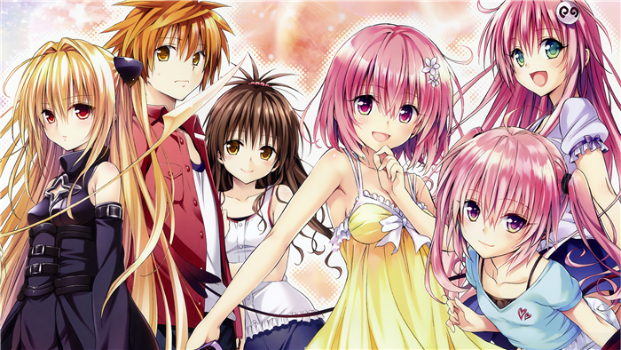 To Love-Ru characters Rito Yuuki, Lala Satalin Deviluke, Mikan Yuuki, Momo Velia Deviluke, Nana Astar Deviluke, and Golden Darkness