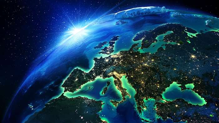Earth from space with sunrise over Europe 4K