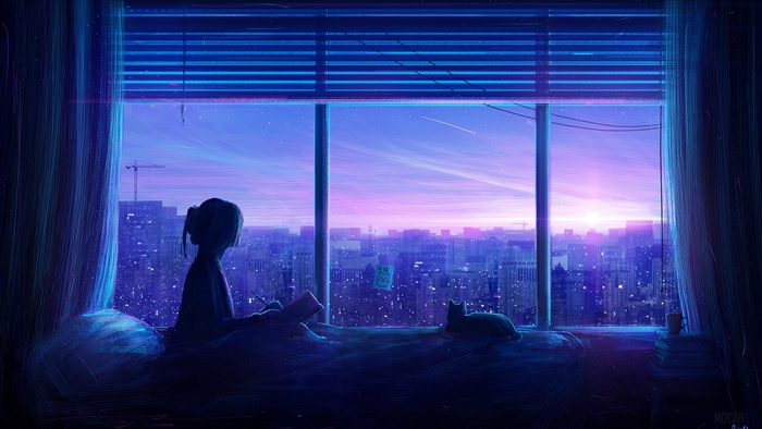Girl and Cat at Window Watching Sunrise 4K