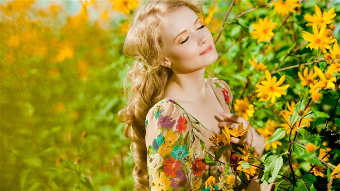 Blonde Woman with Yellow Flowers 4K