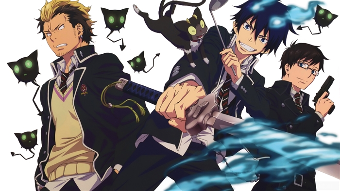 Ao No Exorcist: Rin, Ryuji, and Yukio with familiars 4K