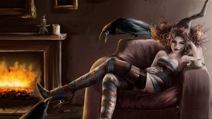 Witch with Ravens by Fireplace