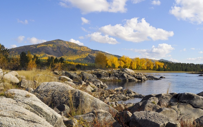 Rocky riverbank with autumn trees and mountain