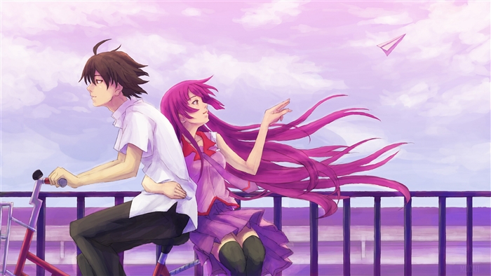 Koyomi Araragi and Hitagi Senjōgahara from Bakemonogatari on a bicycle