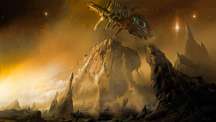 Spaceship over alien planet landscape