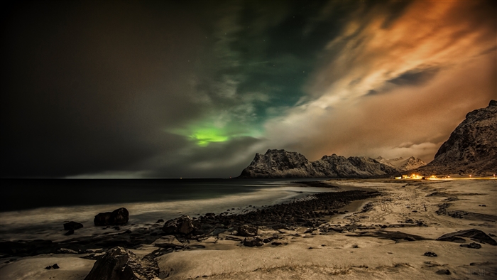 Aurora Borealis over Lofoten Islands Beach, Norway 4K