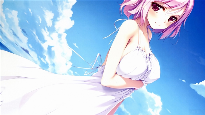 Pink-Haired Girl in White Dress Under Blue Sky 4K