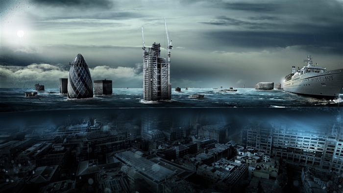 Post-Apocalyptic Cityscape with Underwater Ruins and Ship