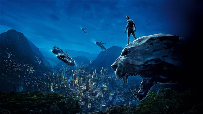 Black Panther on a cliff overlooking a futuristic city