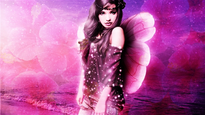 Fairy girl with pink wings in fantasy landscape 4K