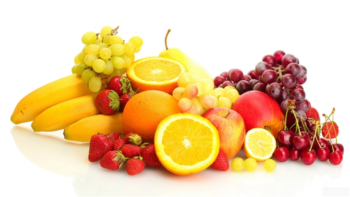 Assortment of Fruits including Apples, Bananas, Oranges, Grapes, Strawberries, Cherries, and Lemon 4K