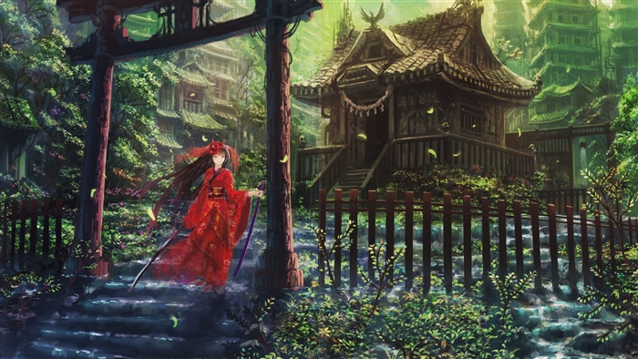 Anime girl in red kimono with sword in shrine