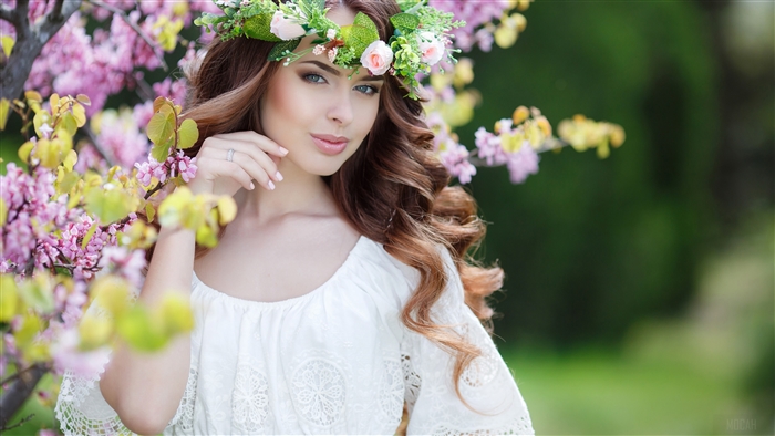 Woman with Flower Wreath in White Dress