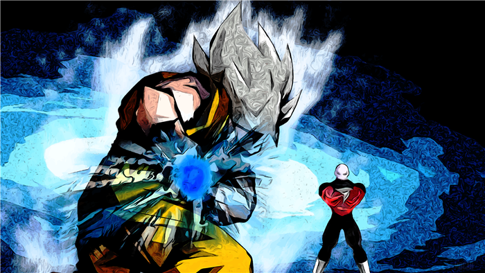 Goku from Dragon Ball Super charging energy against Jiren