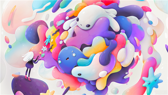 Girl and colorful creatures in abstract world 4K