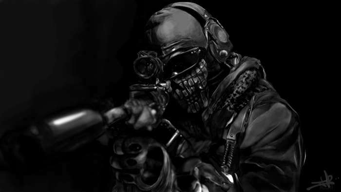 Soldier with skull mask aiming sniper rifle