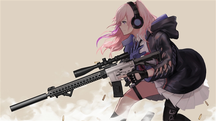 Girl with AR15 and pink long hair 4K