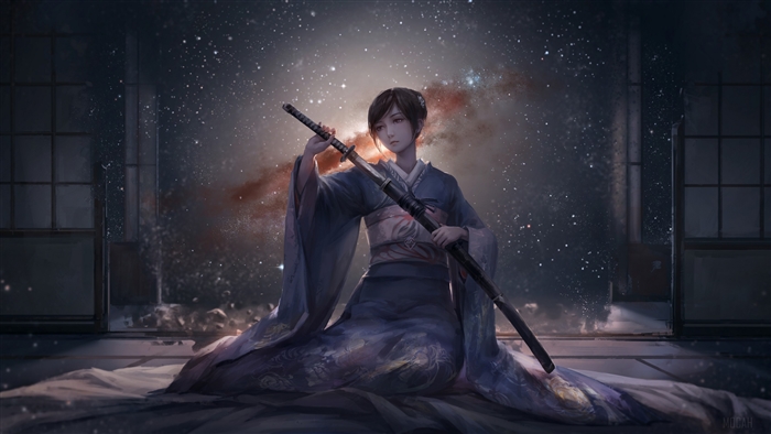 Woman Warrior in Kimono with Sword and Stars 4k