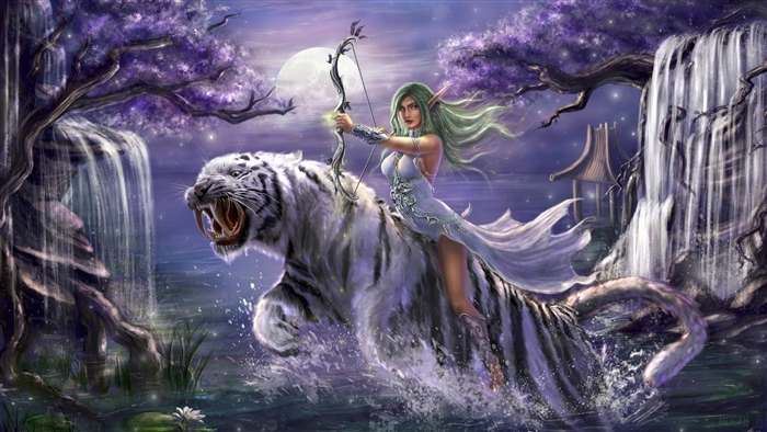 Tyrande Whisperwind Riding White Tiger with Bow 4K