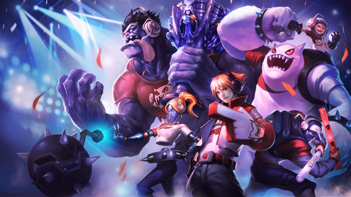 League of Legends characters on stage with lights
