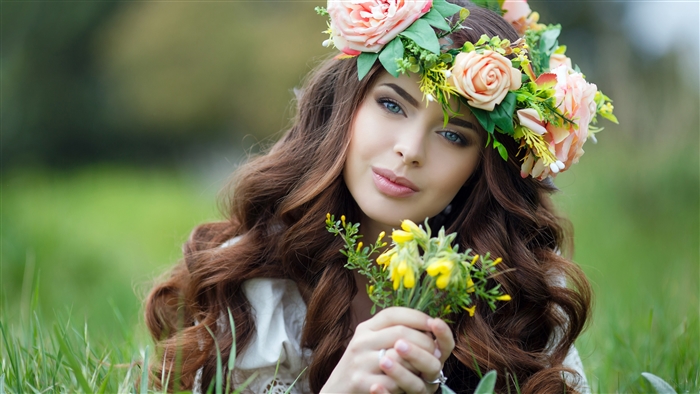 Woman with Flower Wreath and Yellow Flowers