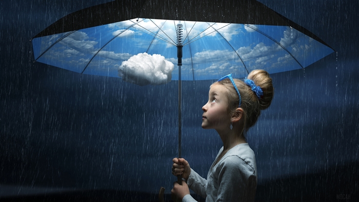 Little Girl Holding Umbrella with Cloud Inside