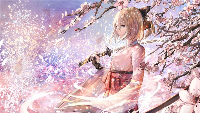 Saber from Fate/Grand Order with Katana and Sakura Blossoms 4K