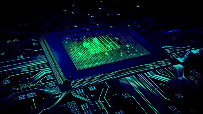 Close-up of a computer processor with glowing circuits and binary code