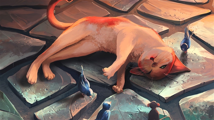 Cat Lying Among Birds and Mouse 4K