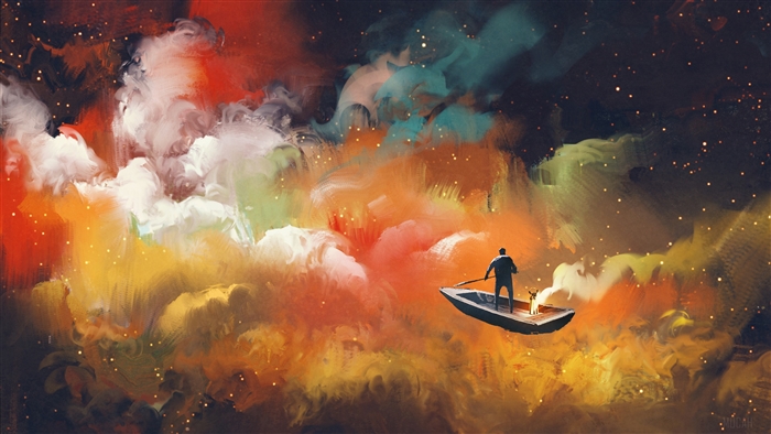 Man in boat sailing through colorful clouds in space 4K