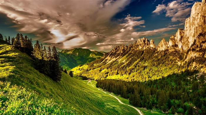 Mountain Valley Landscape with Greenery and Clouds 4K