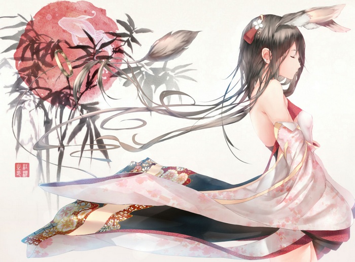Serene Japanese Anime Girl with Animal Ears and Flowing Hair
