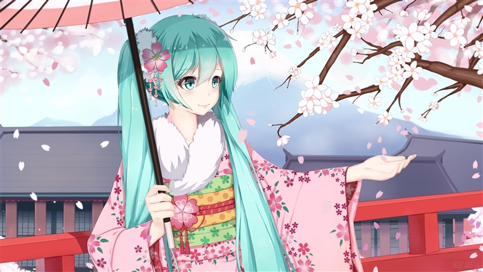 Hatsune Miku in Kimono with Sakura Blossom Umbrella 4K