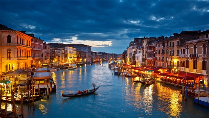 Venice Canal at Night with Gondola and Buildings 4K